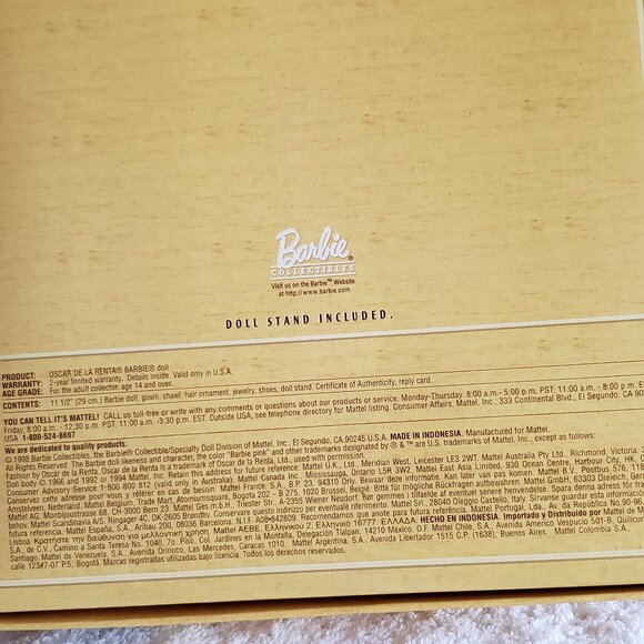 Vintage Oscar de la Renta Barbie Doll #20376, PLUS SHIPPER, limited Edition, Cer - Picture 4 of 5